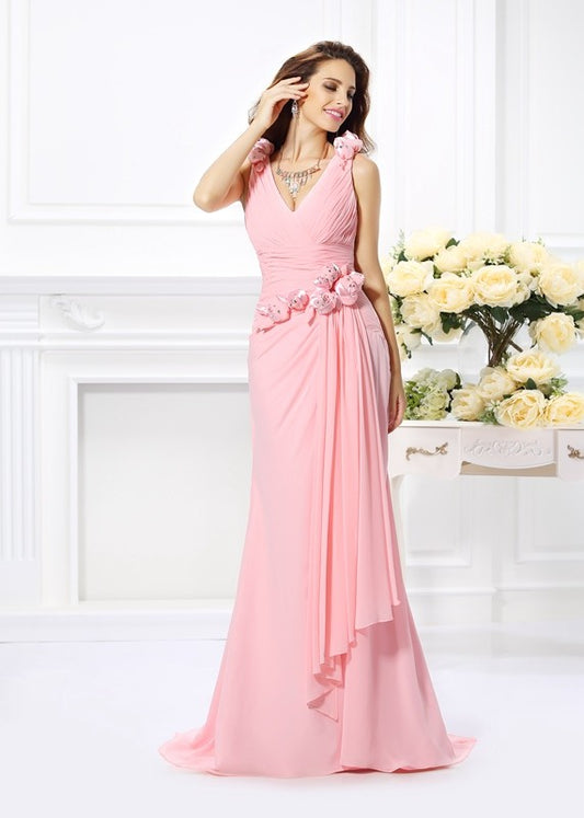 Wholesale Mermaid Chiffon V-neck Sleeveless Sweep/Brush Train With Hand-Made Flower Bridesmaid Dresses