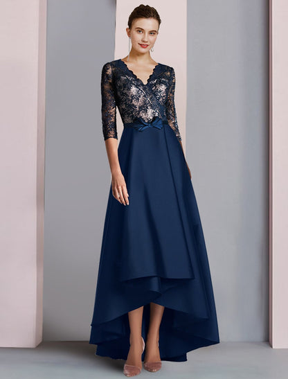 Wholesale A-Line Mother of the Bride Dress Wedding Guest Elegant High Low V Neck Asymmetrical Tea Length Satin Lace Half Sleeve with Bow(s) Color Block