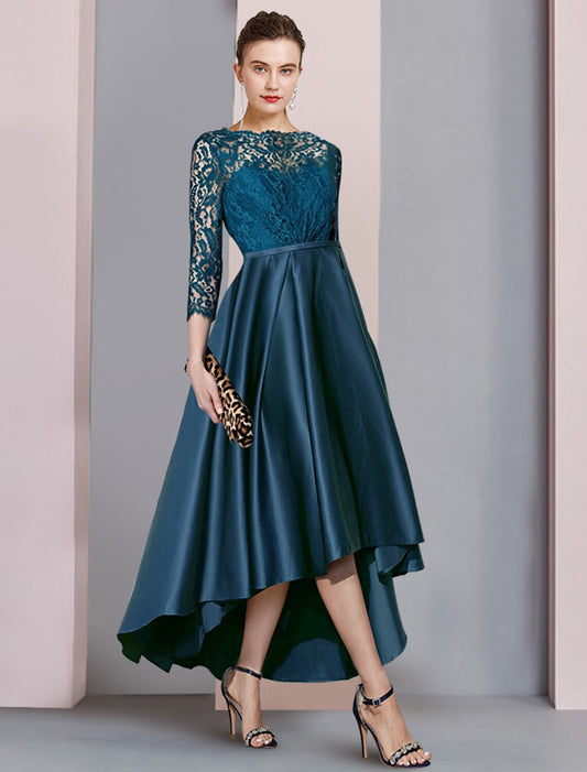 Wholesale A-Line Mother of the Bride Dress Formal Wedding Guest Elegant High Low Scoop Neck Asymmetrical Tea Length Satin Lace Half Sleeve with Pleats