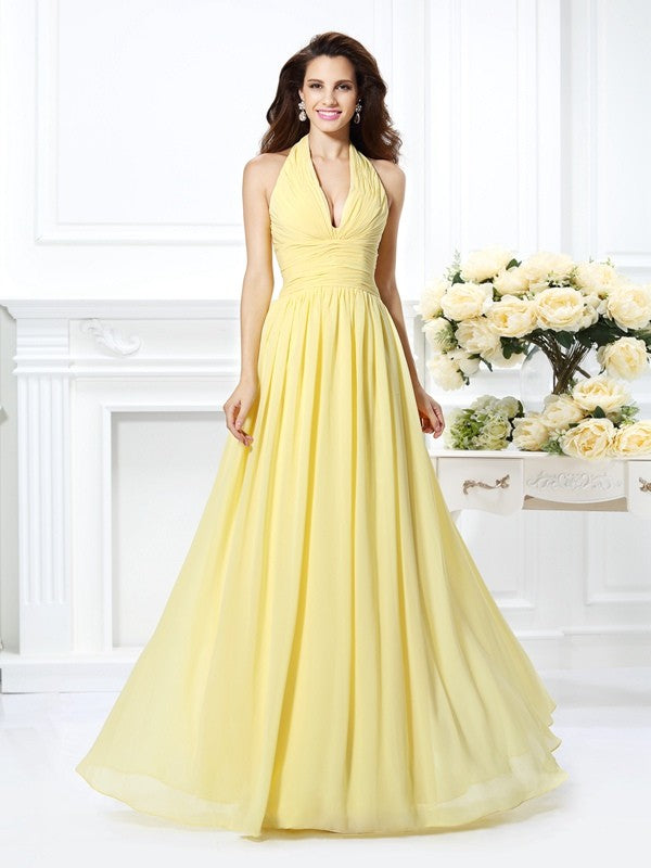 Wholesale A-Line Chiffon Halter Sleeveless Floor-Length With Pleats Bridesmaid Dresses