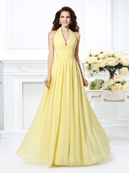 Wholesale A-Line Chiffon Halter Sleeveless Floor-Length With Pleats Bridesmaid Dresses