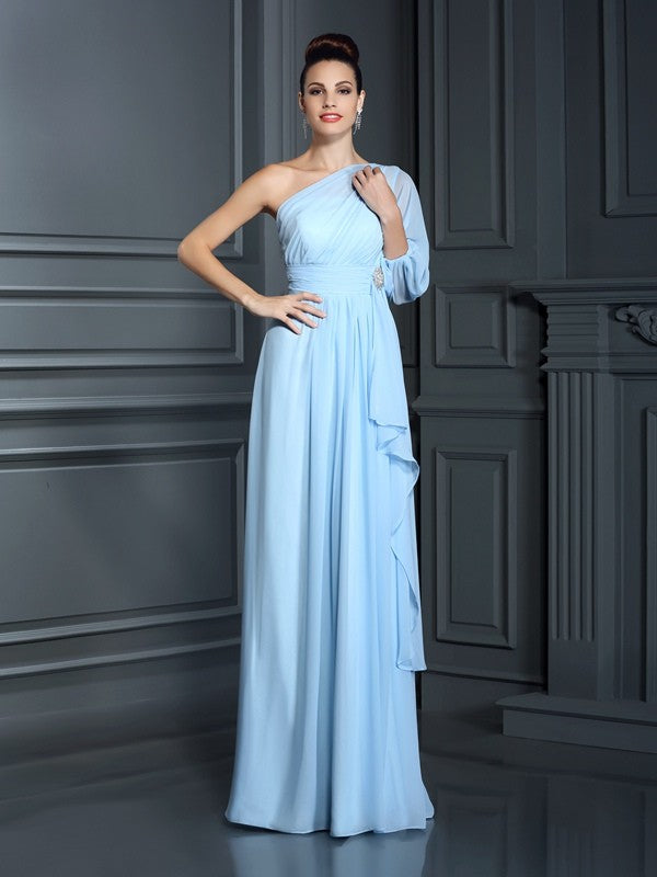 Wholesale Sheath Chiffon One-Shoulder 3/4 Sleeves Floor-Length With Ruffles Bridesmaid Dresses