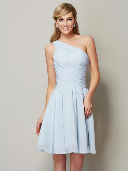 Wholesale A-Line Chiffon One-Shoulder Sleeveless Short/Mini With Ruched Bridesmaid Dresses