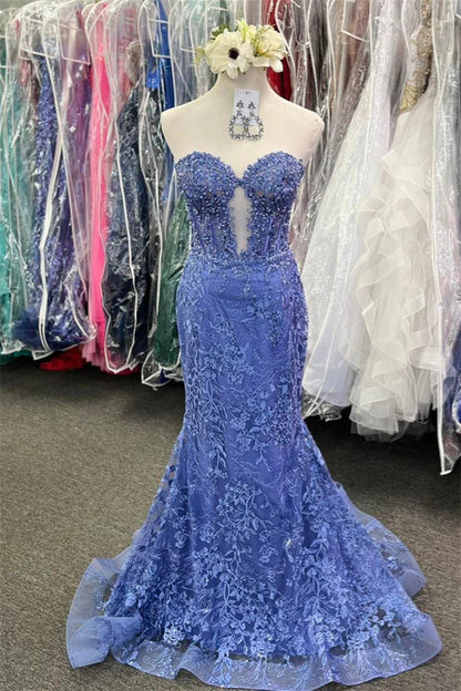 Wholesa Periwinkle Strapless Floral Mermaid Long Prom Dress