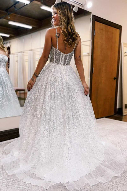 Wholesa Silver Ombre Sequins Princess Straps A-Line Prom Gown