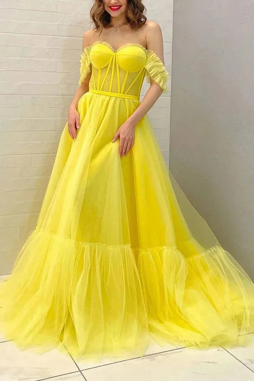 Wholesale Elegant A Line Off the Shoulder Yellow Corset Prom Dress