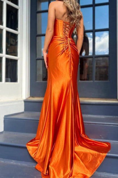 Wholesale Prom Dress Mermaid Satin Strapless Lace Up With Slit