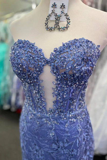 Wholesa Periwinkle Strapless Floral Mermaid Long Prom Dress