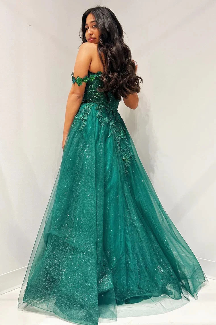 Wholesa Glitter Emerald Appliques Off-the-Shoulder A-Line Long Prom Dress