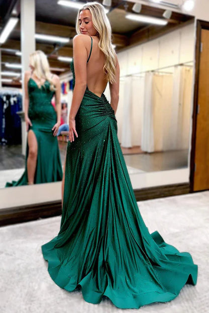 Wholesale Elegant Royal Blue Evening Dress Beaded V Neck Mermaid Long Prom Dresses with Slit