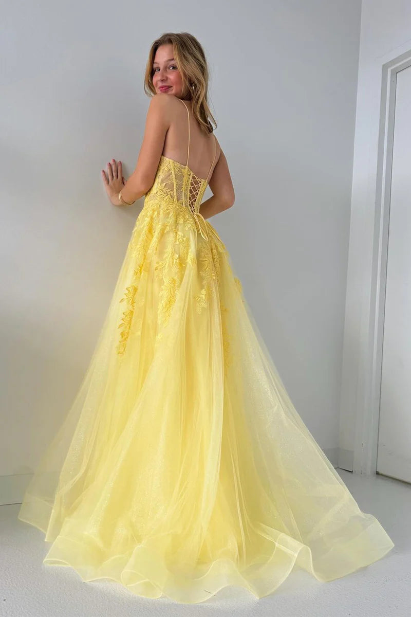 Wholesa A-Line V Neck Yellow Tulle Lace Long Prom Dresses