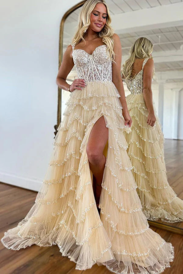 Wholesale A-Line Evening Dress Sweetheart Champagne Tulle Prom Dresses with Appliques