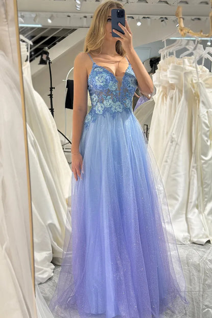 Wholesale A Line Tulle Spaghetti Straps Prom Dress With Appliques