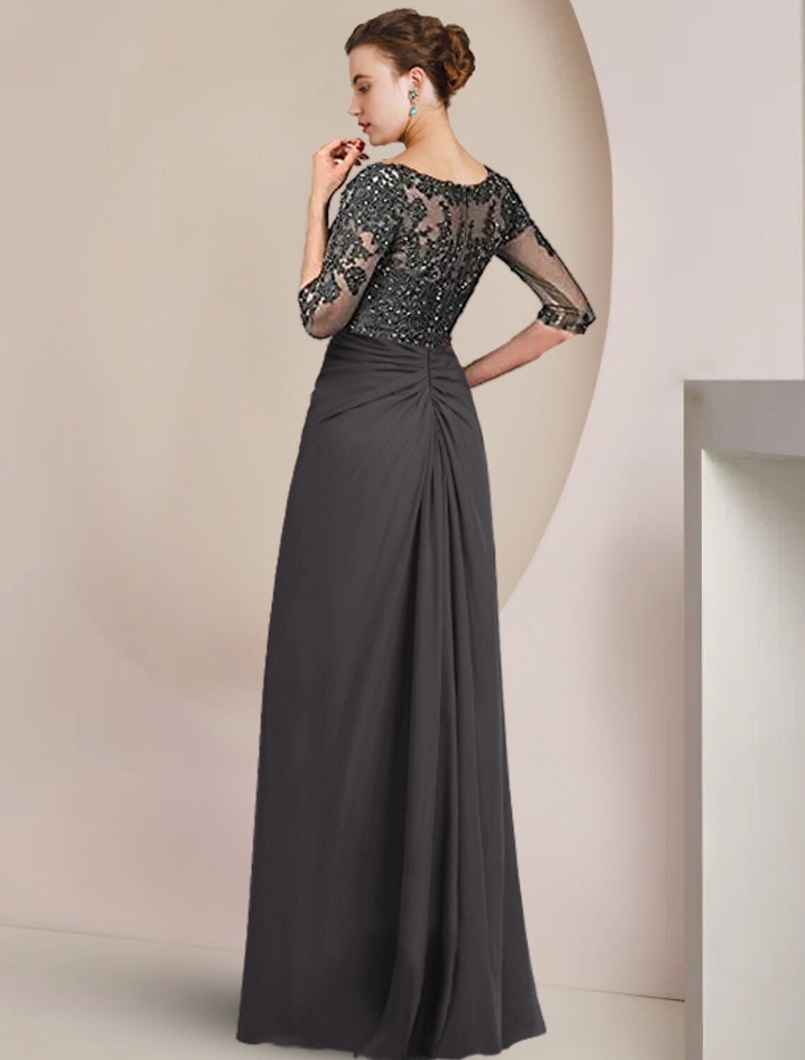 Wholesale Sheath / Column Mother of the Bride Dress Formal Wedding Guest Elegant Square Neck Floor Length Chiffon Lace 3/4 Length Sleeve with Sequin Appliques Ruching