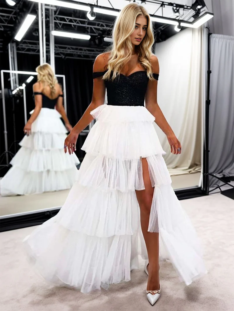 Wholesale Black And White Evening Dress A-Line Strapless Tiered Long Prom Dress