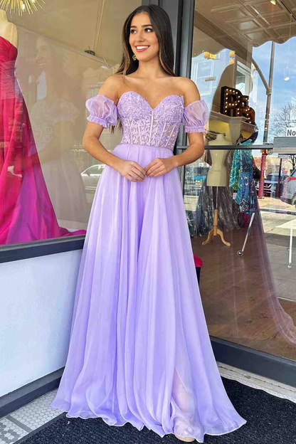 Wholesale Elegant Off-Shoulder A-line Evening Dress Chiffon Applique Lace-Up Long Prom Dress