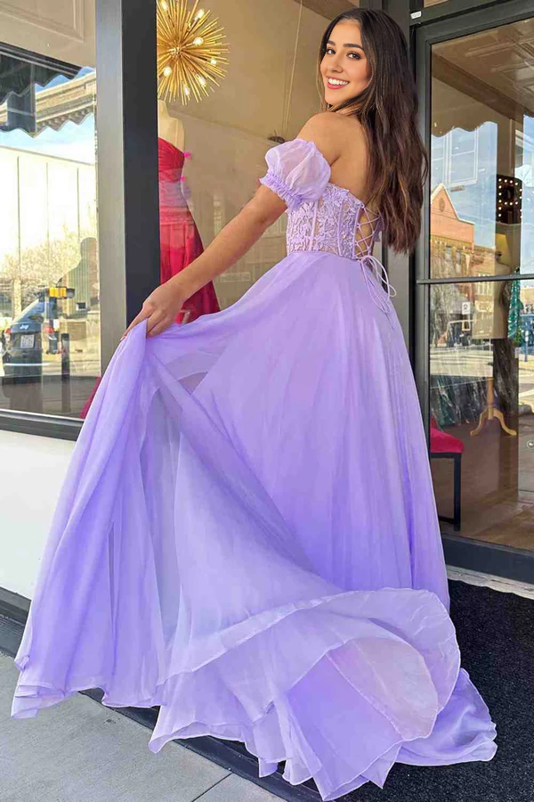 Wholesale Elegant Off-Shoulder A-line Evening Dress Chiffon Applique Lace-Up Long Prom Dress