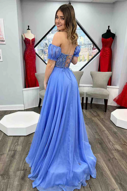 Wholesale Elegant Off-Shoulder A-line Evening Dress Chiffon Applique Lace-Up Long Prom Dress