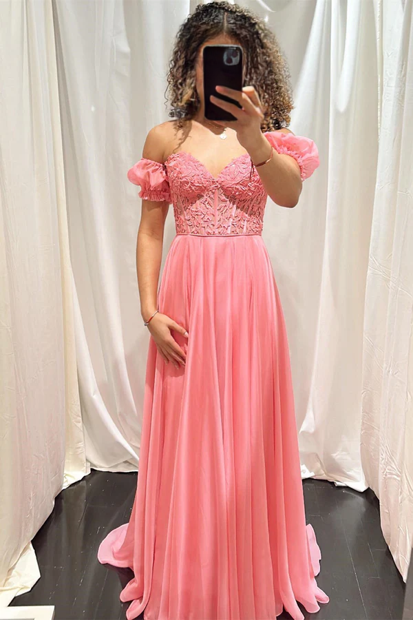 Wholesale Elegant Off-Shoulder A-line Evening Dress Chiffon Applique Lace-Up Long Prom Dress