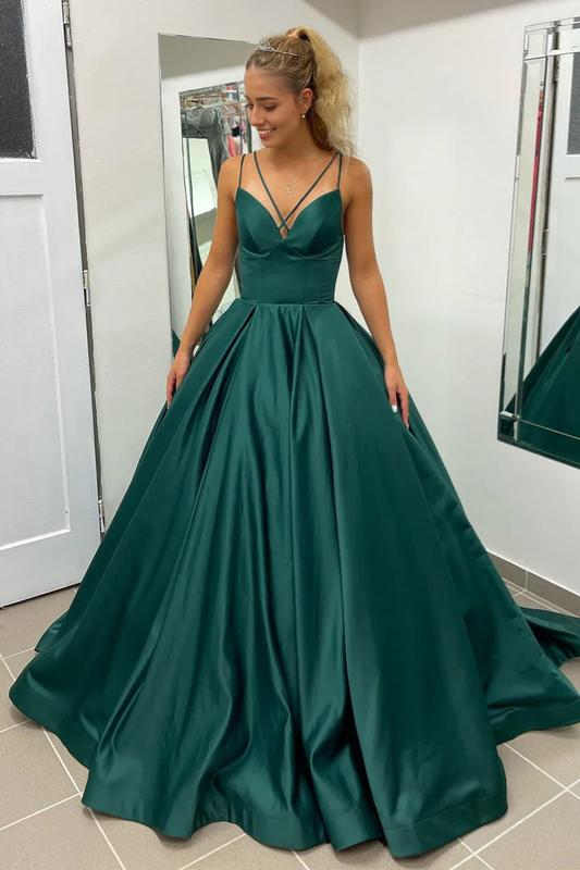 Wholesale A-line Evening Dress Hunter Green V-Neck Satin Elegant Long Prom Dress