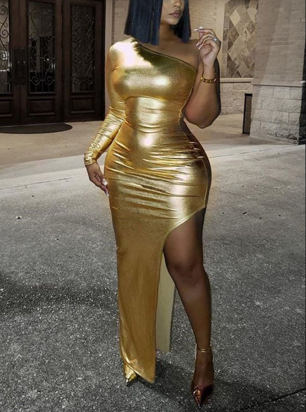 Gold One Shoulder Tight Slit Party Cocktail Maxi Dresses Charming Evening Dress Wholesale