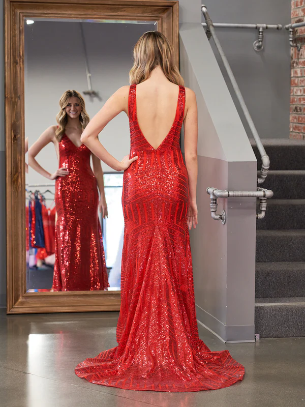 Aimishang Fashion Mermaid Evening Dress Deep V Neck Sequins Prom Dress