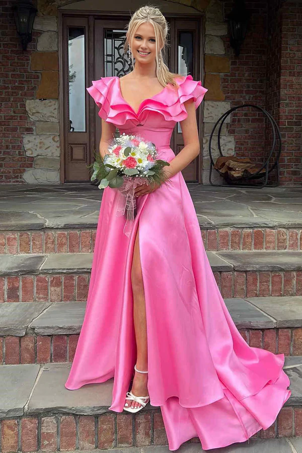 Wholesale Evening Dress Hot Pink V-Neck Ruffle A-Line Long Prom Dress