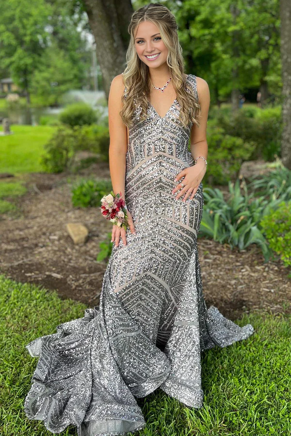 Aimishang Fashion Mermaid Evening Dress Deep V Neck Sequins Prom Dress