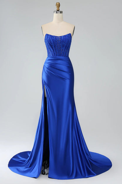 Wholesale Royal Blue Mermaid Strapless Long Corset Prom Dress with Slit