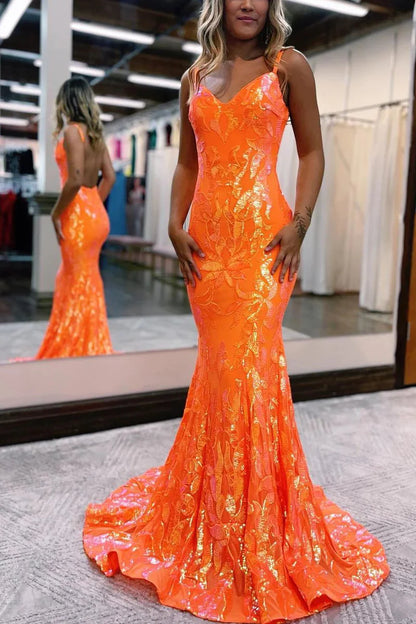 Wholesa Sparkly Mermaid V Neck Orange Sequins Long Prom Dresses