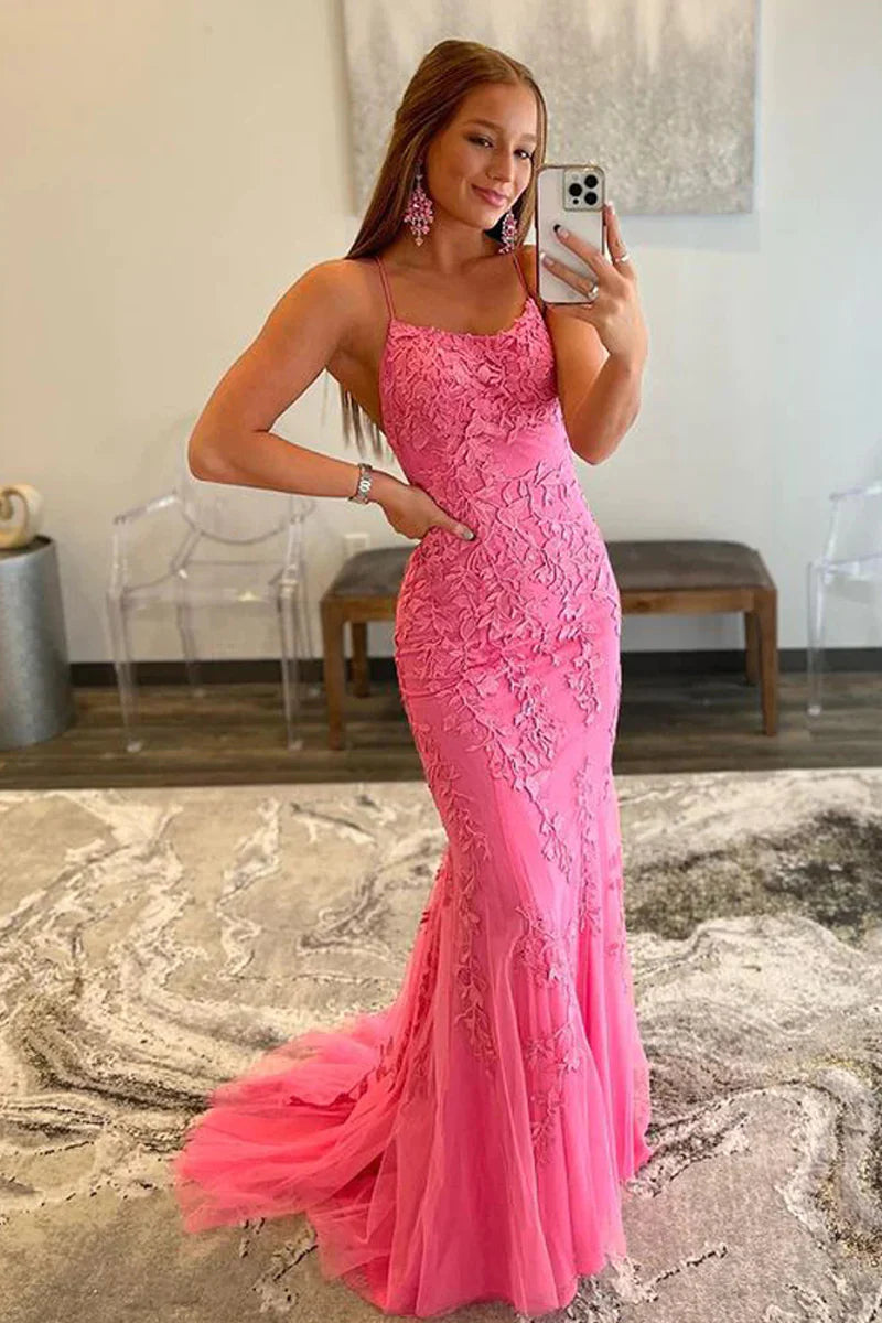 Wholesa Stunning Mermaid V Neck Hot Pink Lace Prom Dress