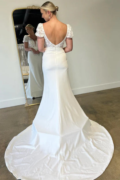 Wholesale Elegant White Floral Applique Plunge V Long Wedding Dress with Short Sleeves