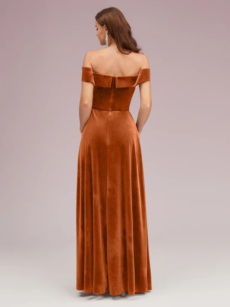 Wholesale Bridesmaid Dresses Elegant Stretch Velvet Off Shoulder Side Slit