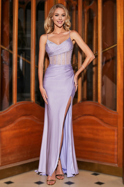 Wholesale Prom Dress Mermaid Spaghetti Straps Lilac Corset with Split Front