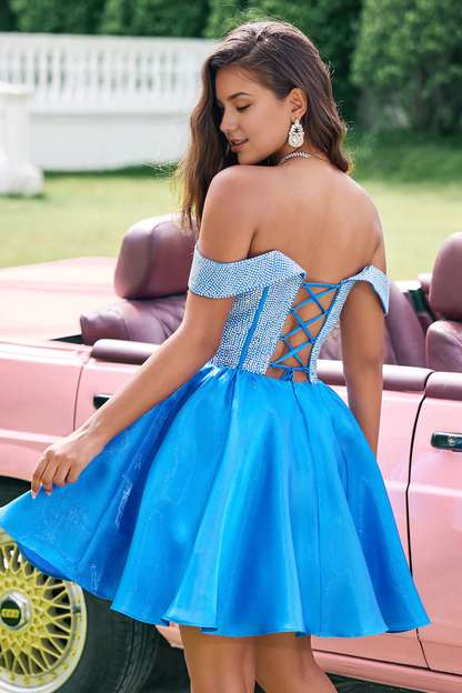 Wholesale A Line Homecoming Dress Sparkly Blue Off The Shoulder Corset Short Cutewith Beading