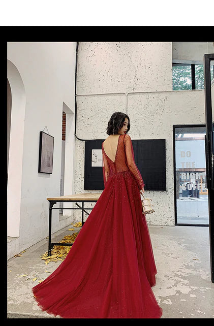 Wine Red Long Sleeves Beaded Low Back Tulle Prom Dress Formal Dress Evening Dress Wholesale