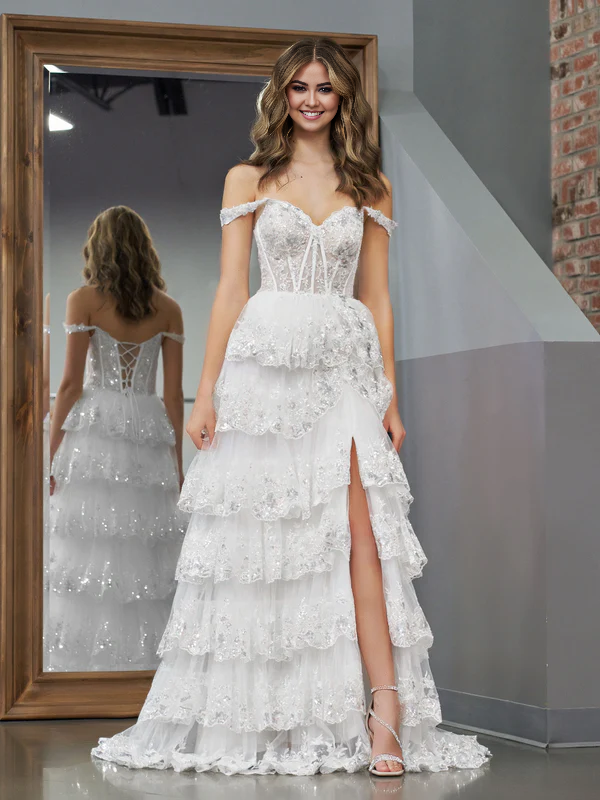 Wholesale White Princess A Line Evening Dress Off the Shoulder White Corset Prom Dress with Lace Ruffles