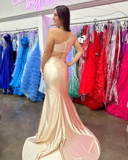 Wholesa Cham pagne Silk Satin One Shoulder Mermaid Long Prom Dresses