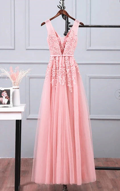 Pink Tulle A-line Simple Long Party Dress Prom Dress Evening Dress V-neck with Appliques Wholesale