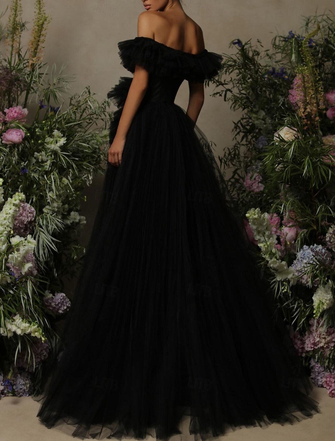 Wholesale A-Line Prom Dresses Formal Women's Dresses Black Formal Dress Floor Length Sleeveless Off Shoulder Tulle with Ruched