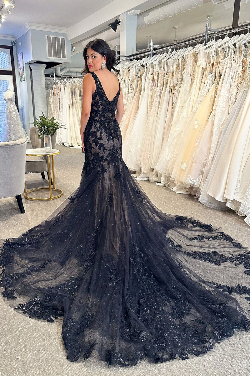 Wholesa Black V Neck Lace Appliques Mermaid Prom Dresses with Beading