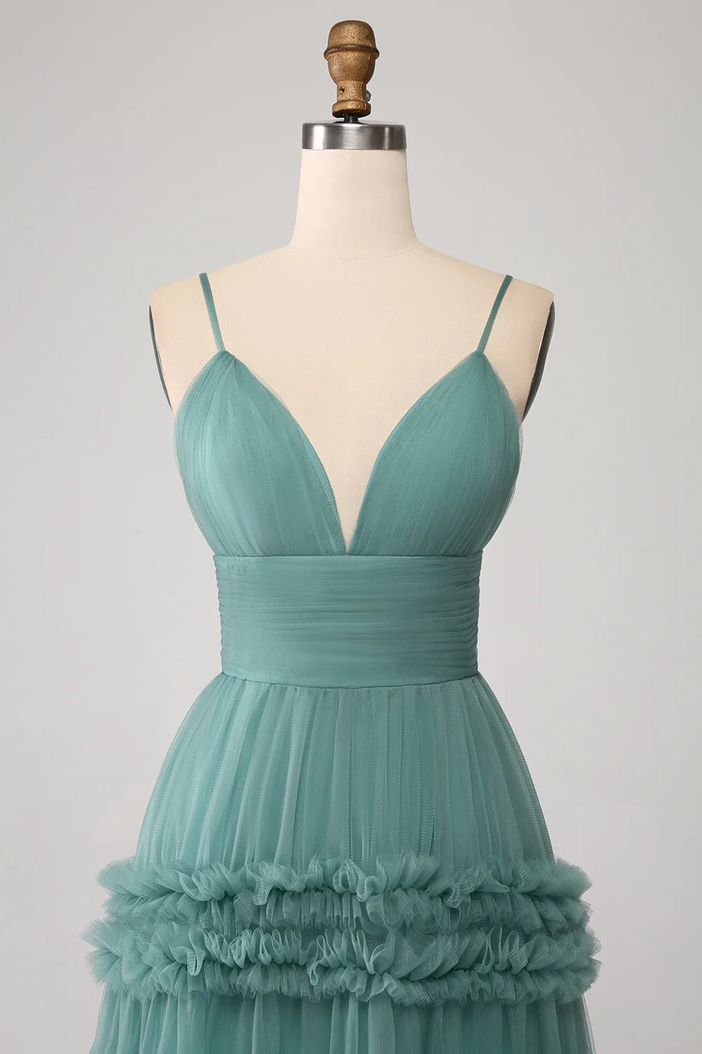 Wholesale Green A Line Spaghetti Straps Tulle Long Prom Dress with Ruffles