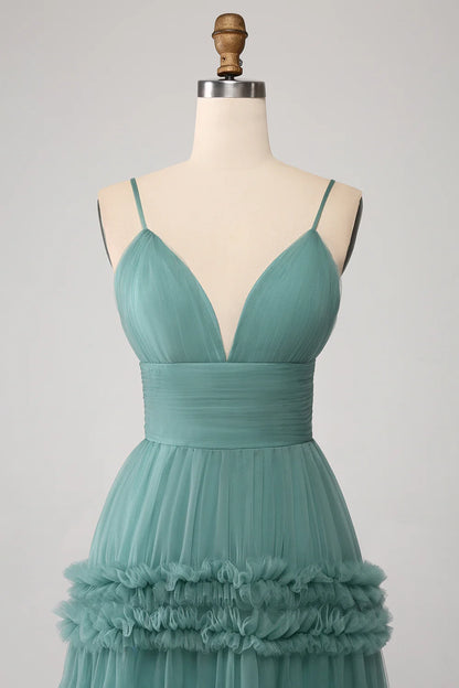 Wholesale Green A Line Spaghetti Straps Tulle Long Prom Dress with Ruffles