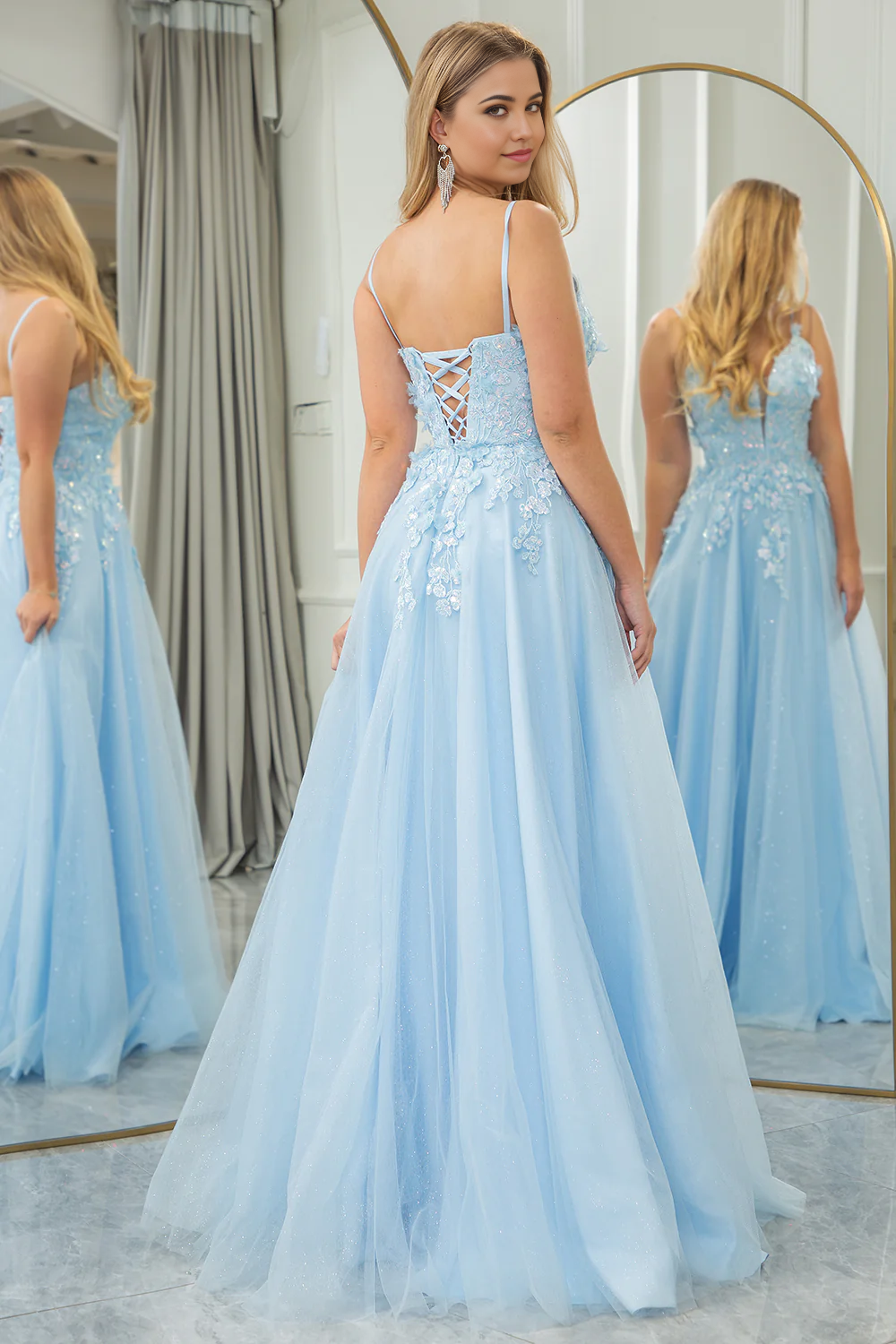 Wholesale A Line Tulle Long Prom Dress With Sequined Light Blue Evening Dress Appliques