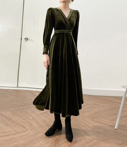 Wholesale Elegant Velvet Dress Ruched Long Sleeve Formal Dress for Wedding Guest