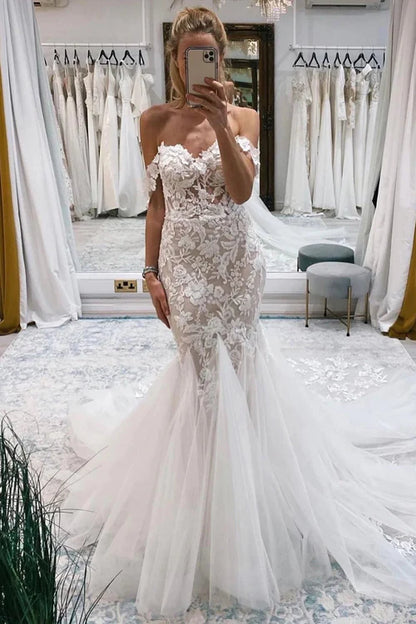 Wholesale Elegant Ivory Off the Shoulder Long Lace Mermaid Wedding Dress