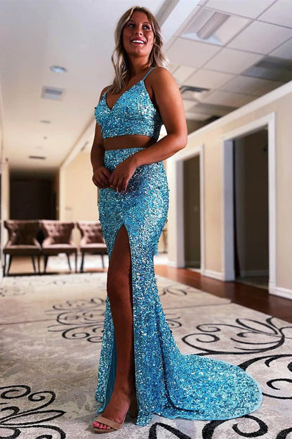 Wholesale Two Piece Fashion Graduation Dresses Mermaid Sequins Prom Dress with Slit