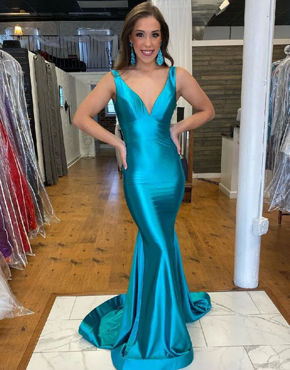 Wholesale Prom Dress Mermaid Glitter Cyan Satin Backless