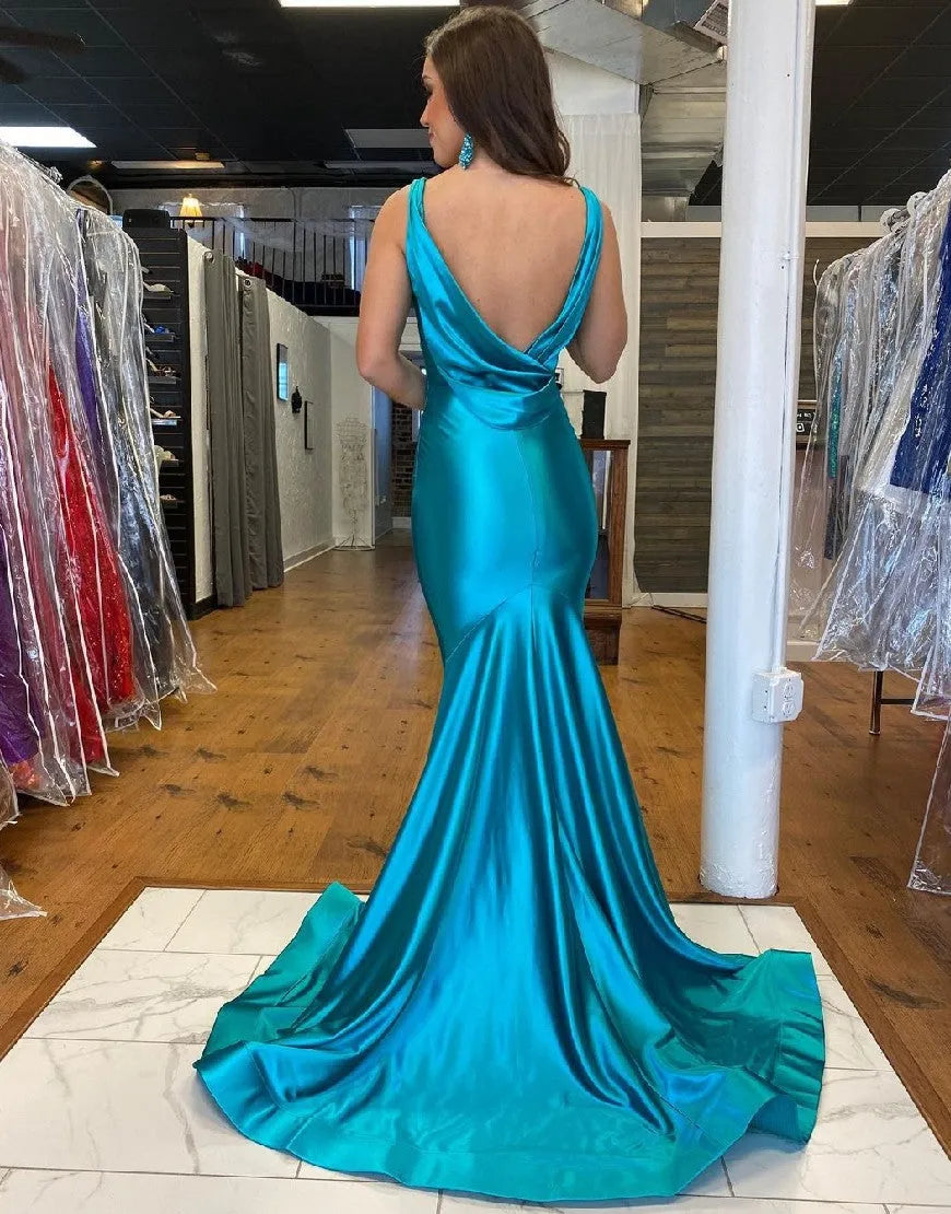 Wholesale Prom Dress Mermaid Glitter Cyan Satin Backless