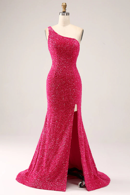 Wholesale Sparkly Fuchsia Mermaid One Shoulder Long Sequin Prom Dress with Slit